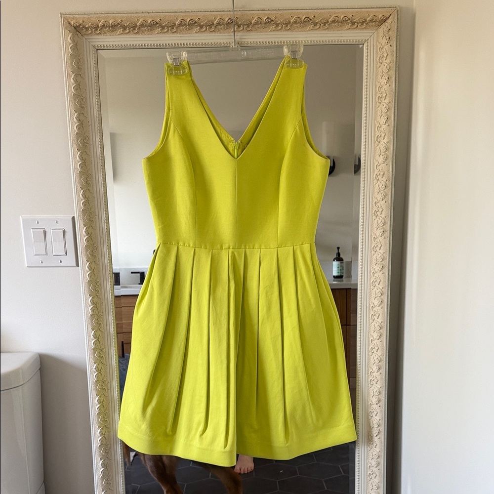 Halston Heritage Neon Lime V-Neck Pleated Mini Dress